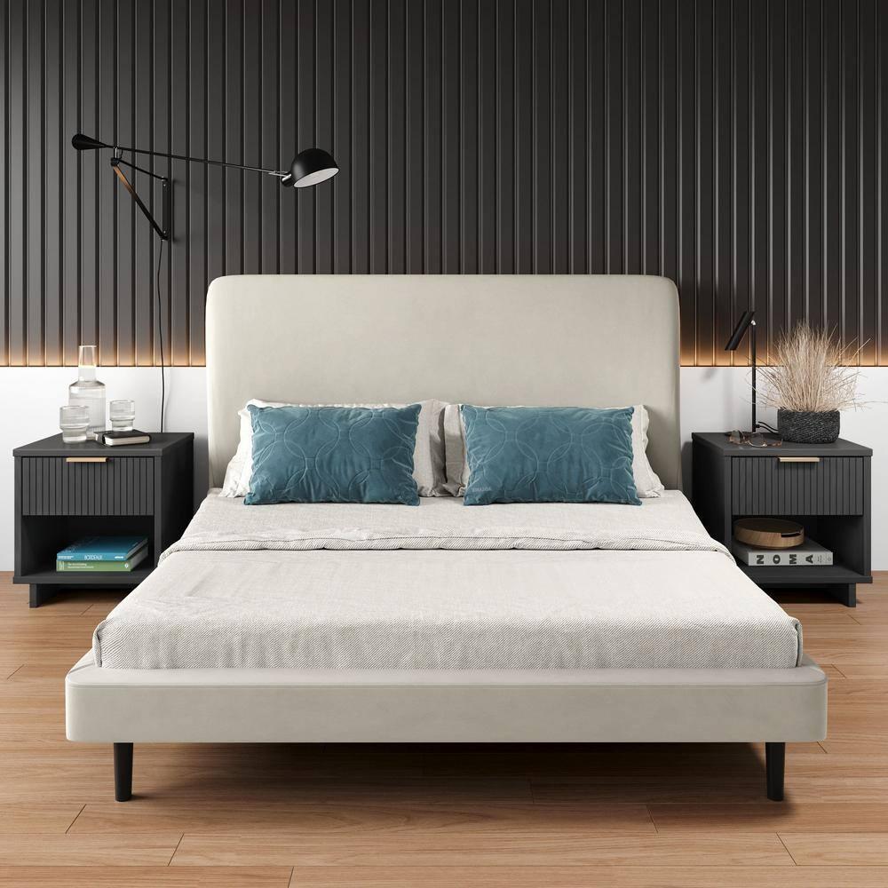 Manhattan Comfort Set of 2 Granville Nightstands with Drawer Dark Gray: UV Painted, Soft Close, Metal Handles