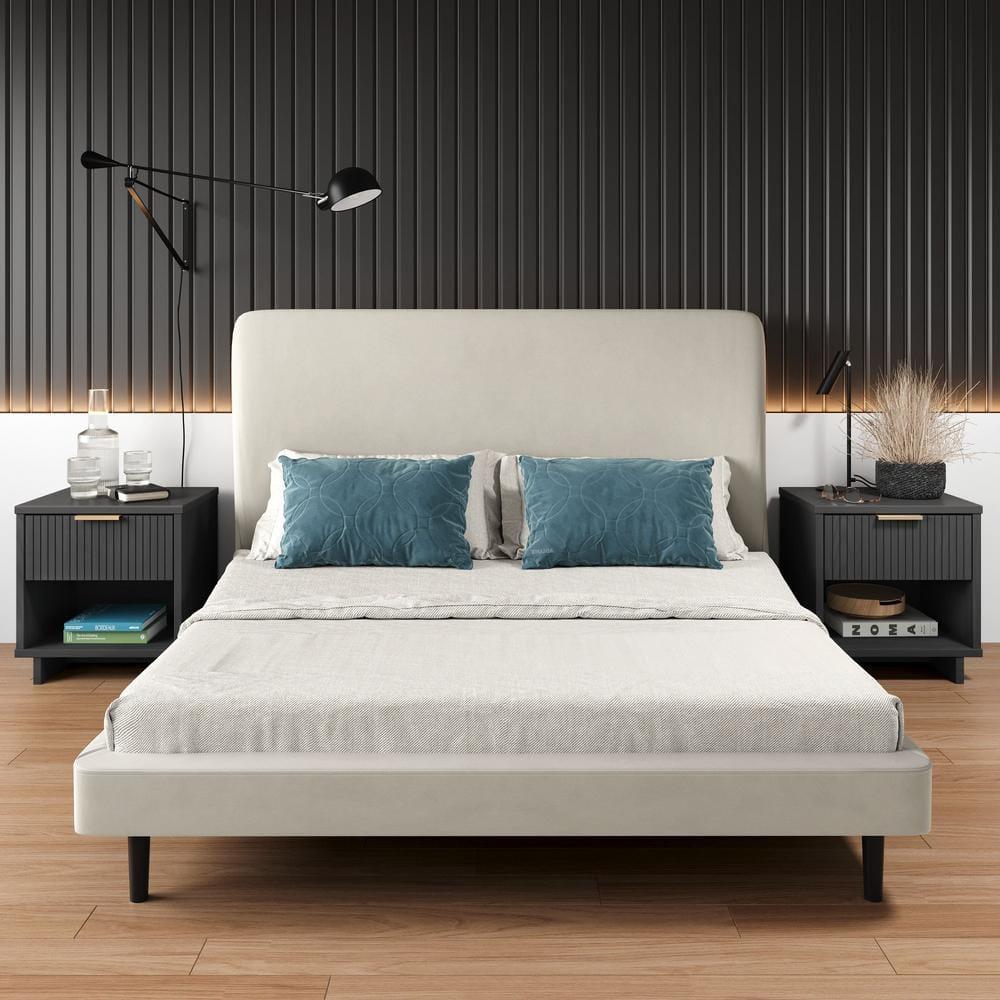 Manhattan Comfort Set of 2 Granville Nightstands with Drawer Dark Gray: UV Painted, Soft Close, Metal Handles