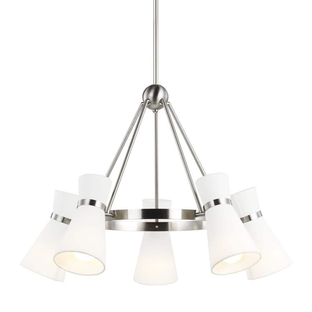 Clark 5-Light Brushed Nickel Hanging Chandelier With White Linen Shades