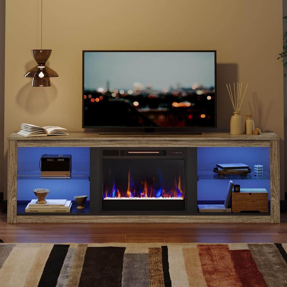 Bestier Electric Fireplace TV Stand Modern Entertainment Center for TVs up to 75" with LED Light and Storage Shelves in Wash Gray