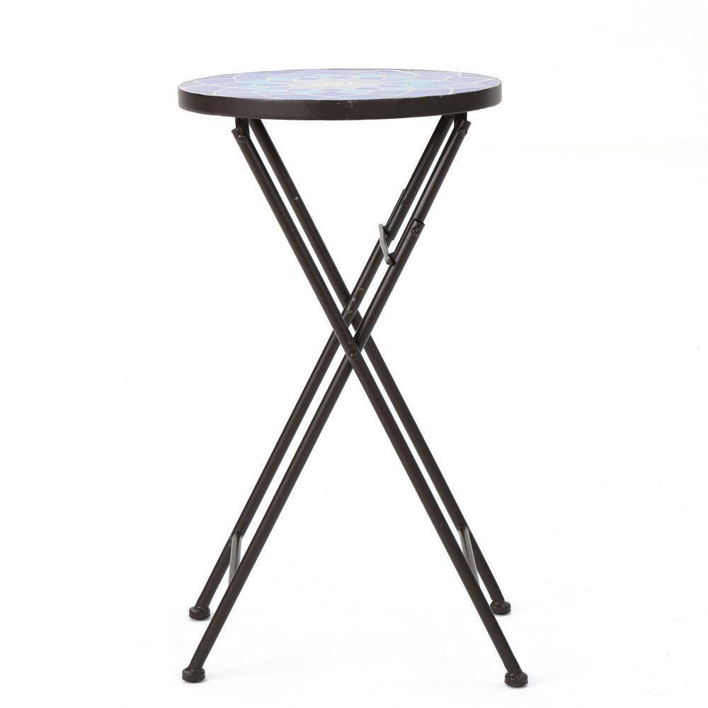 Fleur De Lis Living Folding Blue and White Top Side Table with Iron Frame, Multifunctional Plant or Beverage Stand