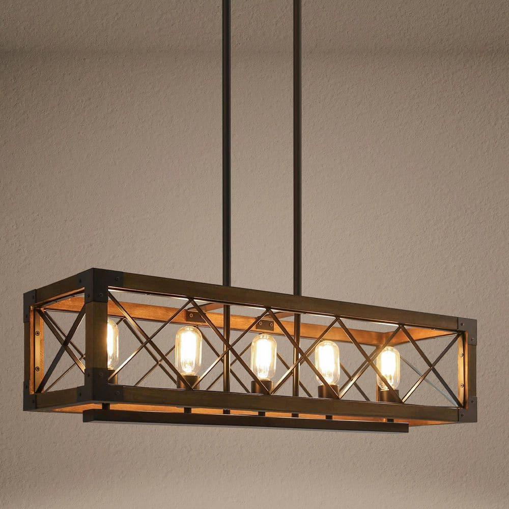 Farmhouse 5-Light Wood and Black Metal Chandelier, Rectangular Kitchen Island Light Fixture