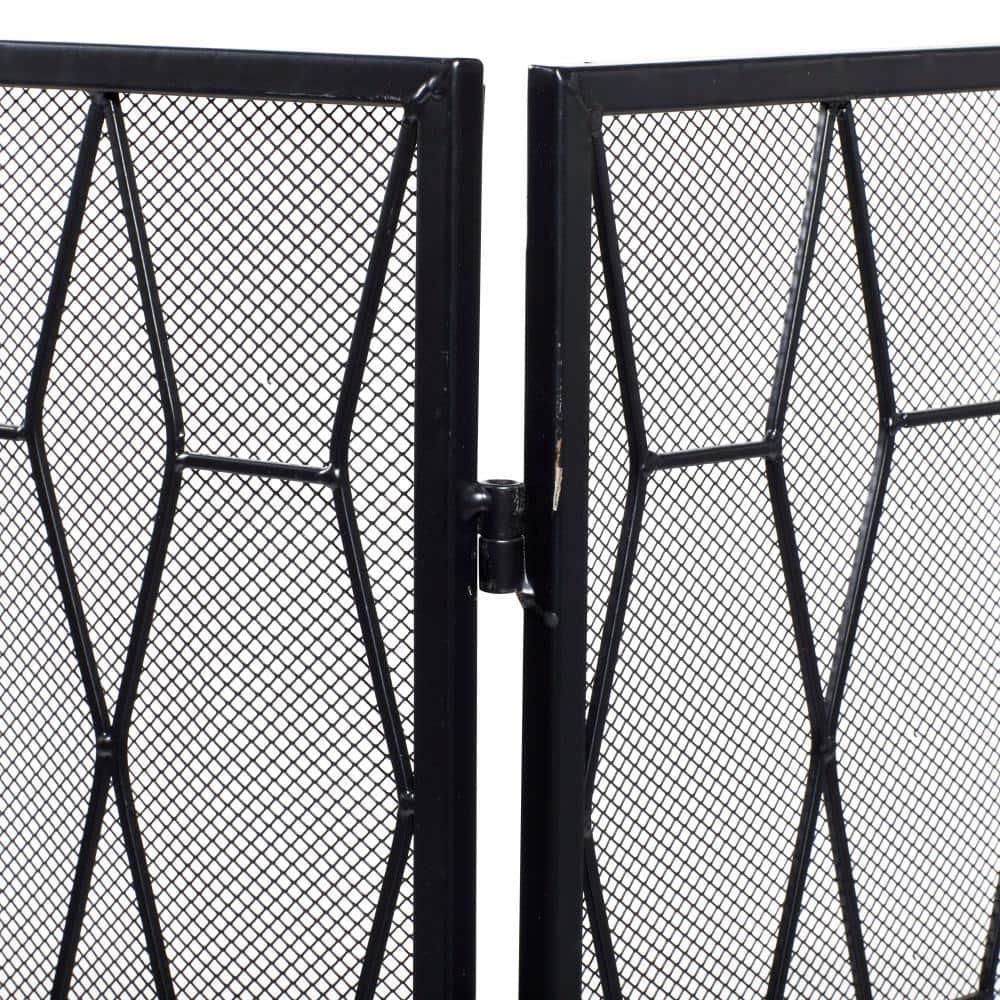 DecMode 51" x 31" Black Metal Foldable 3 Panel Geometric Fireplace Screen with Mesh Netting, 1-Piece