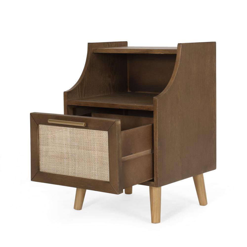 Noble House Barrere End Table with Hutch, Walnut, Natural, and Antique Gold
