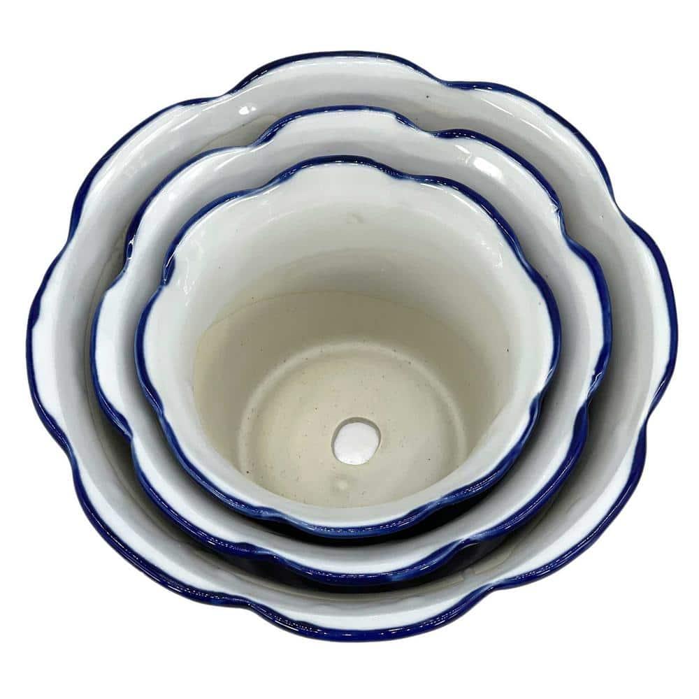 Set of 3 Blue & White Floral Ceramic Pots Ruffled Lip