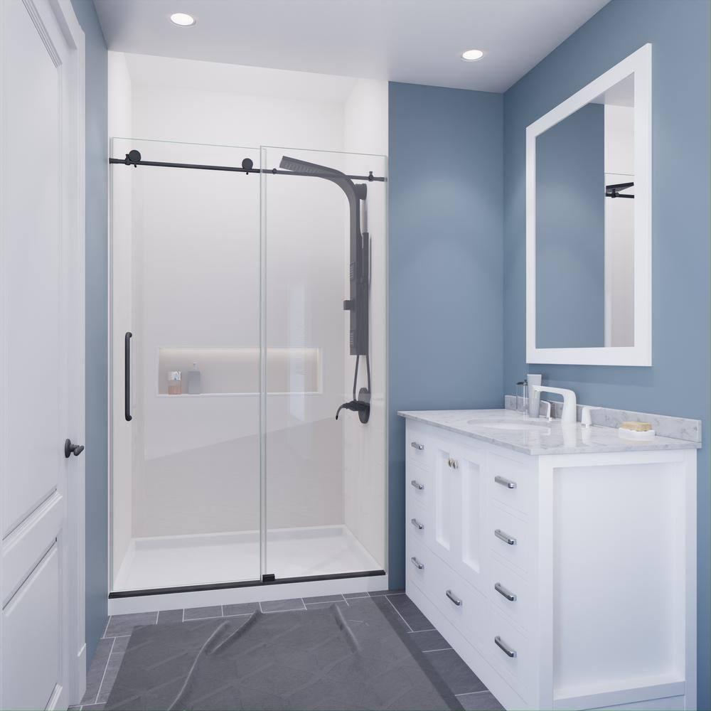 Madam Series 48 In. By 76 In. Frameless Sliding Shower Door In Gunmetal With Clear Tempered Glass And Tsunami Guard