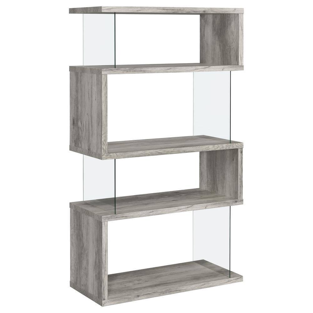 Coaster 63" Emelle 4 Shelf Zig Zag Bookcase with Glass Panels Gray Driftwood: Modern Style, Laminated Melamine Veneer, Metal Hardware