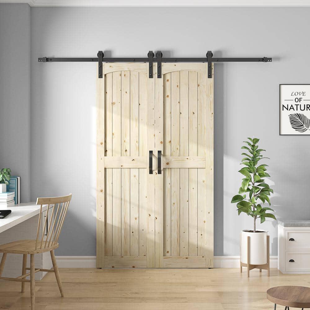Unfinished Knotty Pine Wood Sliding Barn Door with Hardware Kit