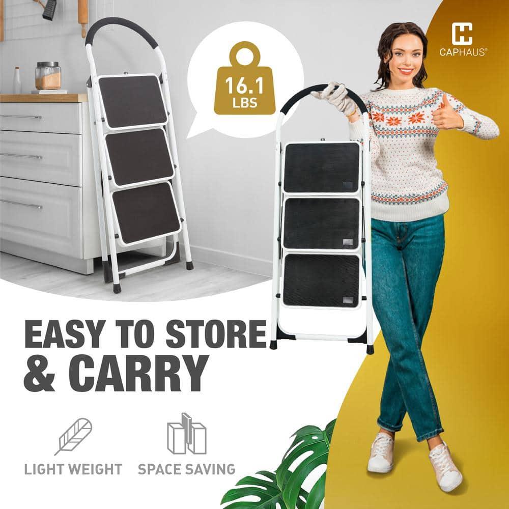 CAPHAUS 3-Step Ladder, Portable Folding Step Stool with Extra Wide Anti-Slip Pedal, Heavy Duty Foldable Small Step Ladder with Hand Grip, ANSI A14.11 Certified Sturdy Step Stool, White