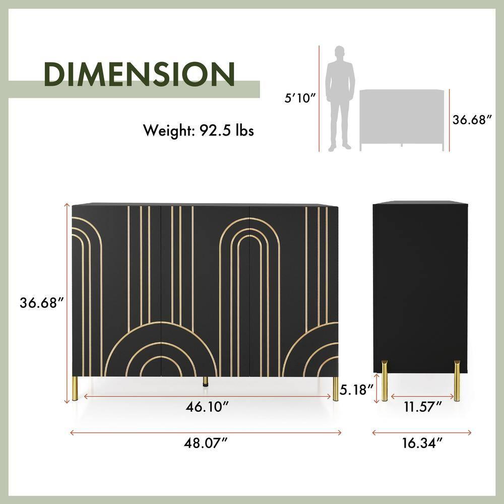 24/7 Shop At Home Touchsoft Glam 4 Shelf Sideboard Buffet with Adjustable Shelves Black: Modern Storage Credenza, Metal Frame