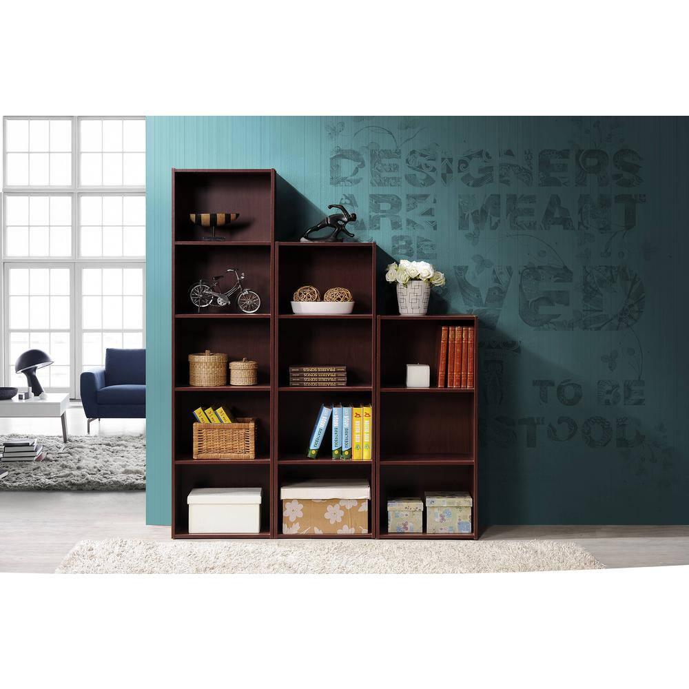 Hodedah HID23 High Quality 3 Shelf Home, Office, and School Organization Storage 35.67 Inch Tall Slim Bookcase Cabinets to Display Decor, Mahogany