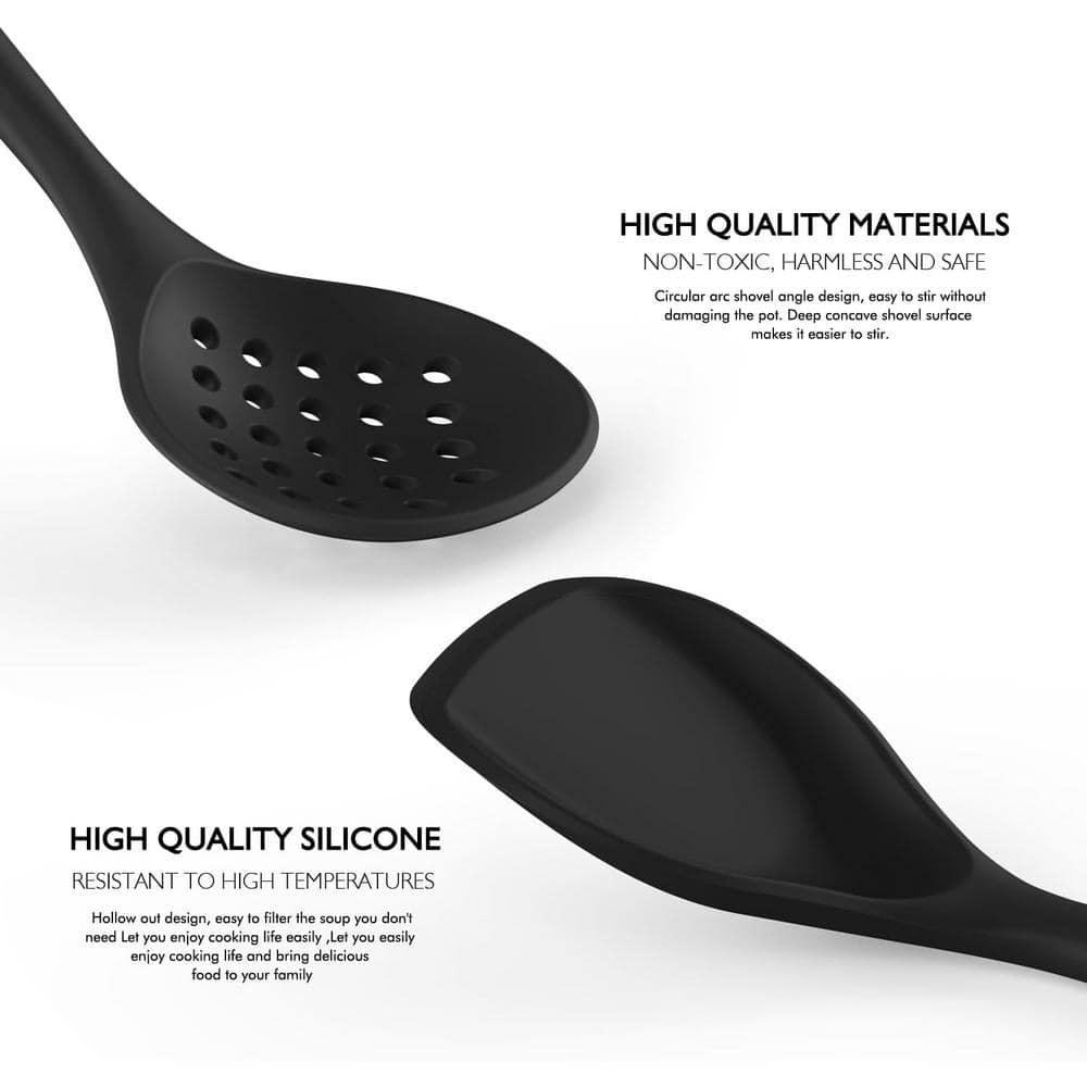 Large Silicone Cooking Utensils - Heat Resistant Kitchen Utensil Set with Wooden Handles, Spatula,Turner, Slotted Spoon, Pasta server, Kitchen Gadgets Tools Sets for Non-Stick Cookware (Black)