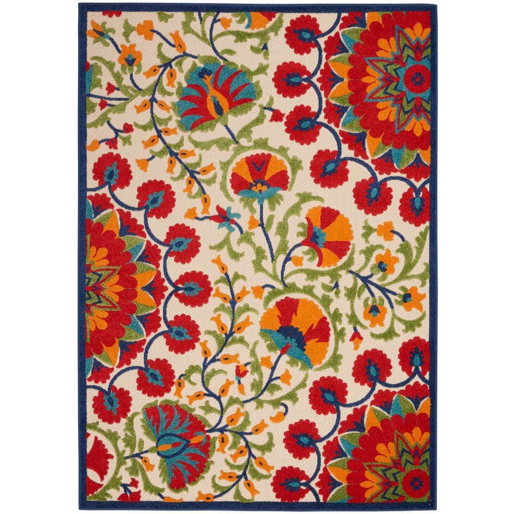 Nourison Aloha Floral Easy Care Flatweave High-Low Indoor Outdoor Area Rug Red/Multi 7' x 10'
