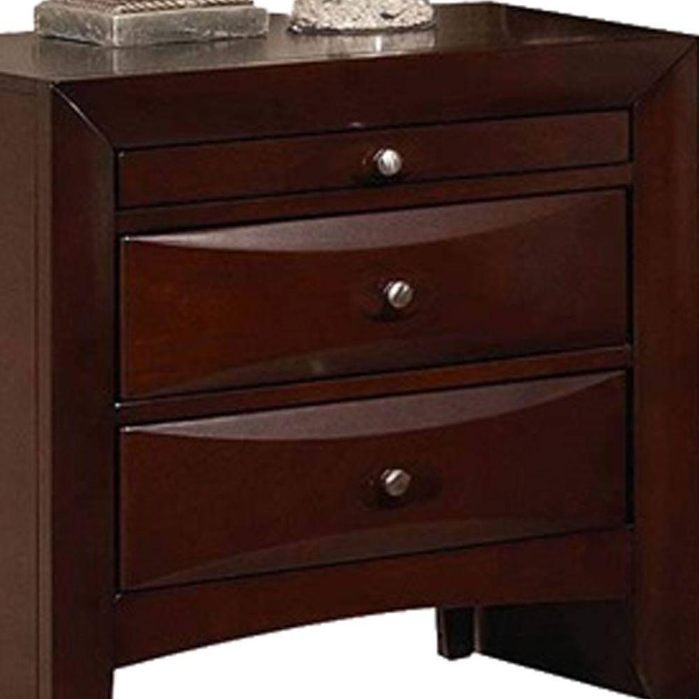 Contemporary Style Wooden Nightstand with Three Drawers & Metal Knobs, Brown - 25.39 x 16.81 x 25.63 in.