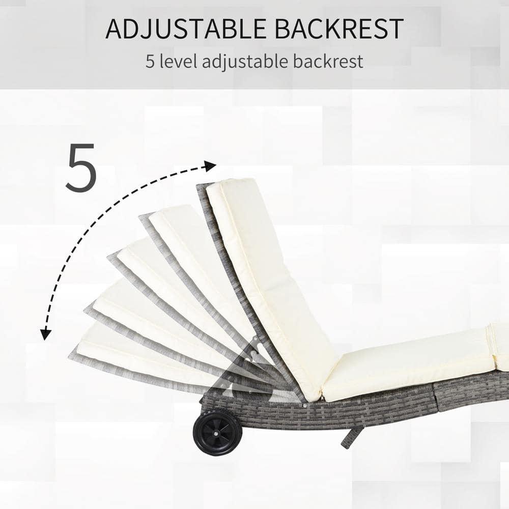 Outsunny Patio Wicker Chaise Lounge Chair, Outdoor PE Rattan Sun lounger w/ 5-Level Adjustable Backrest & 2 Wheels for Easy Movement, Off-white