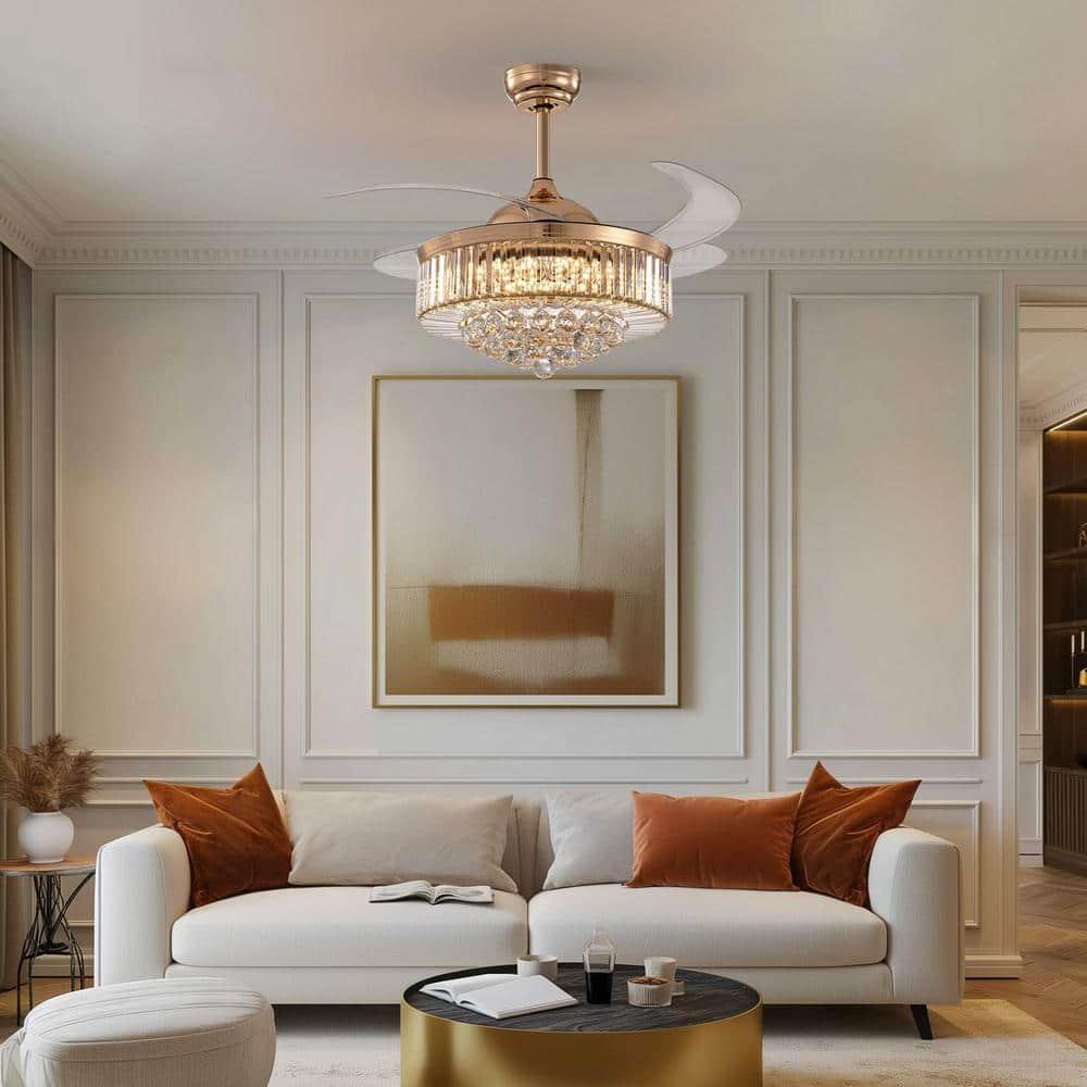 42 in. Indoor Gold Smart Retractable Crystal Ceiling Fan with Adjustable LED Light Included with Remote
