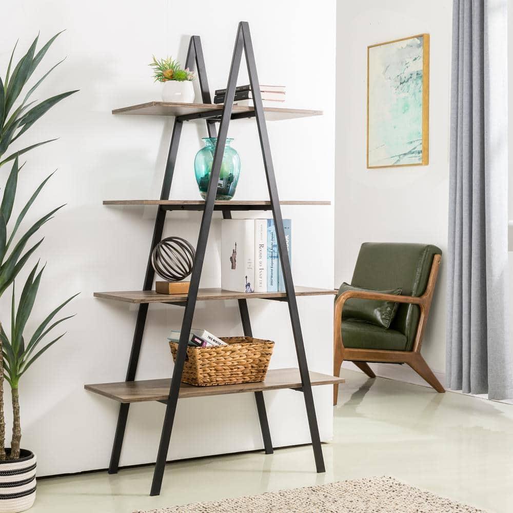 Glitzhome 64.5"H Modern Industry Wooden Oak Melamine 4-Tier Metal/ Wooden Leaning Bookcases & Ladder Shelves