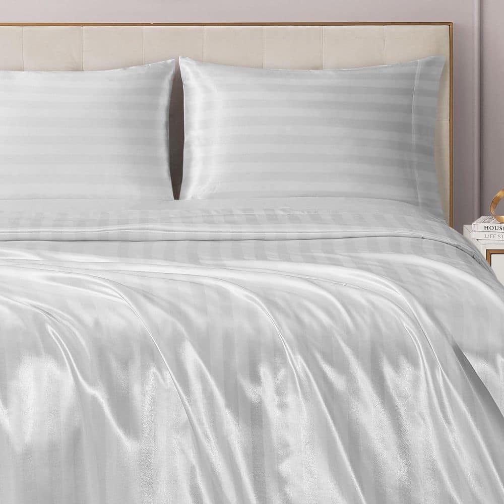 Brilliant White Satin Damask Twin XL Microfiber Sheet Set