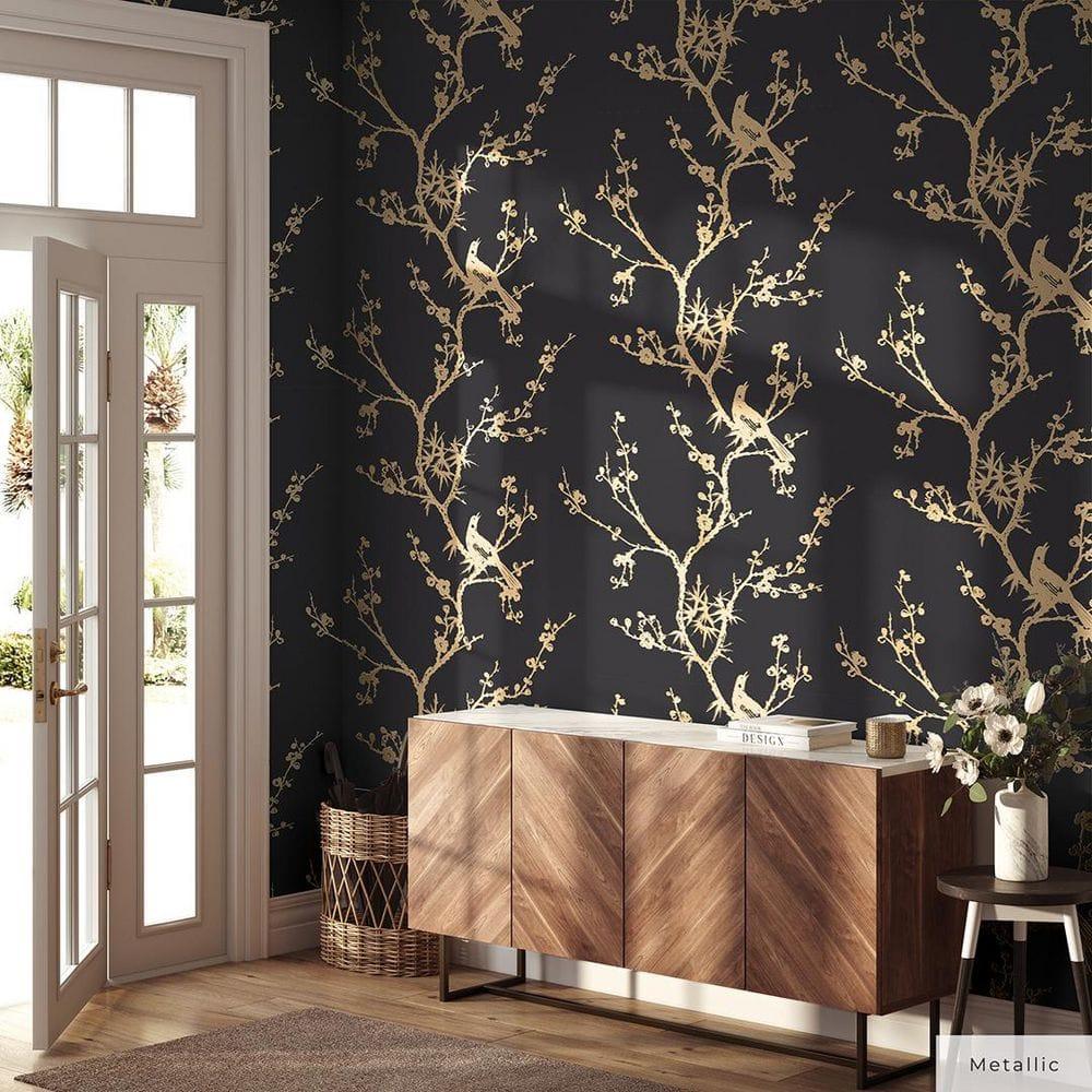 Tempaper & Co.® x Cynthia Rowley Bird Watching Removable Peel and Stick Wallpaper, Black and Gold, 56 sq ft: Vinyl, Self-Adhesive