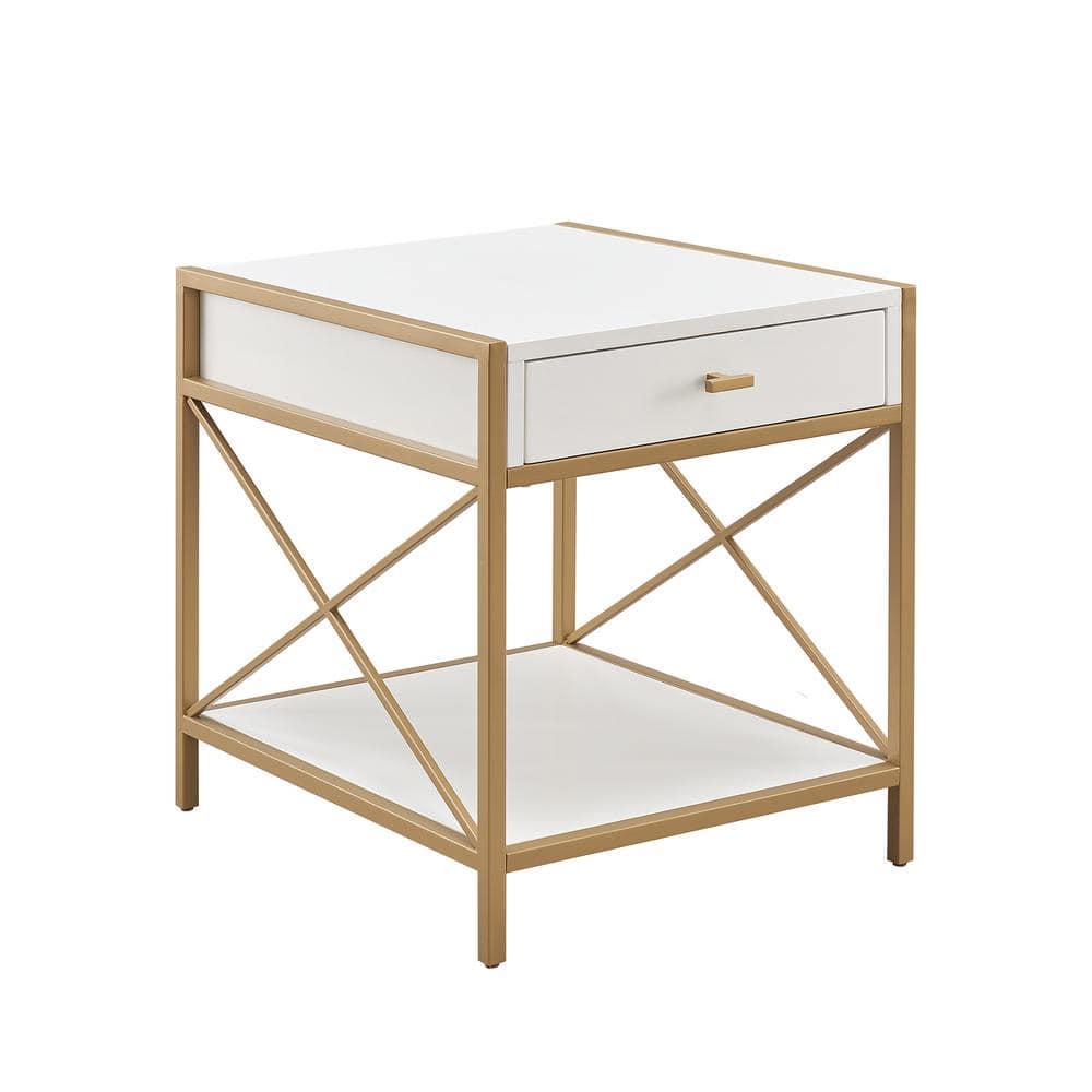 Leick Home Claudette Mixed Metal and Wood 1-Drawer End Table with Shelf, White/Gold