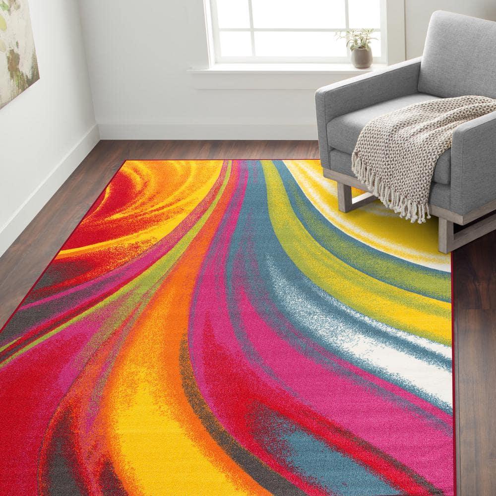 World Rug Gallery Modern Contemporary Waves Multicolored Non-slip (Non-skid) Area Rug - Multi 3'3" x 5'