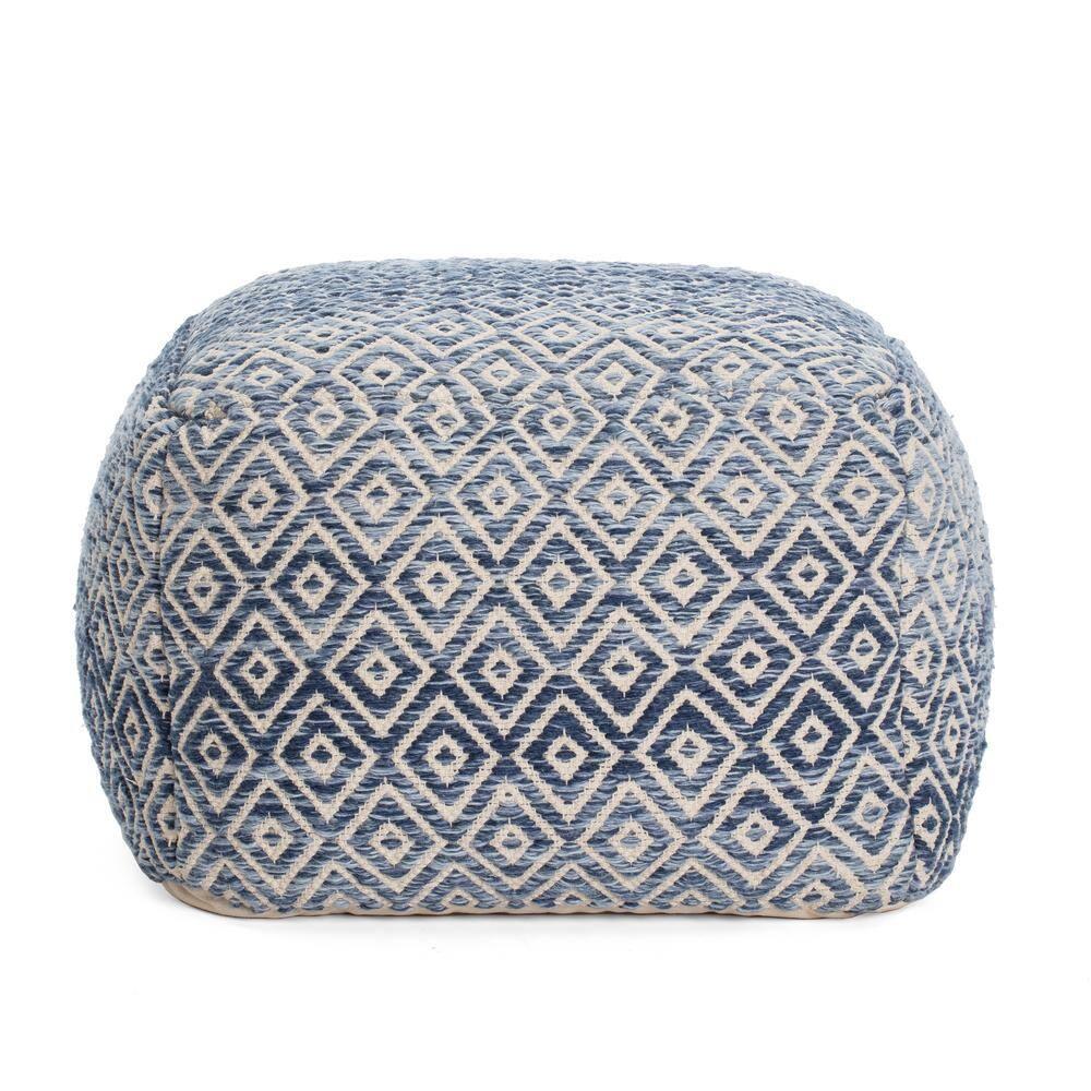 Chero Distressed Diamond 22" Square Pouf Ottoman Blue and Beige