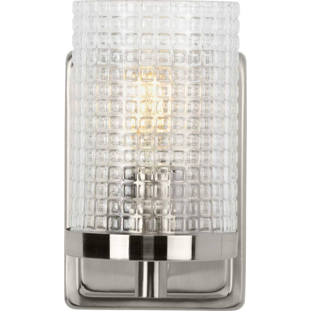 Fawcett Collection One-Light Brushed Nickel Clear Patterned Glass Transitional Bath Vanity Light