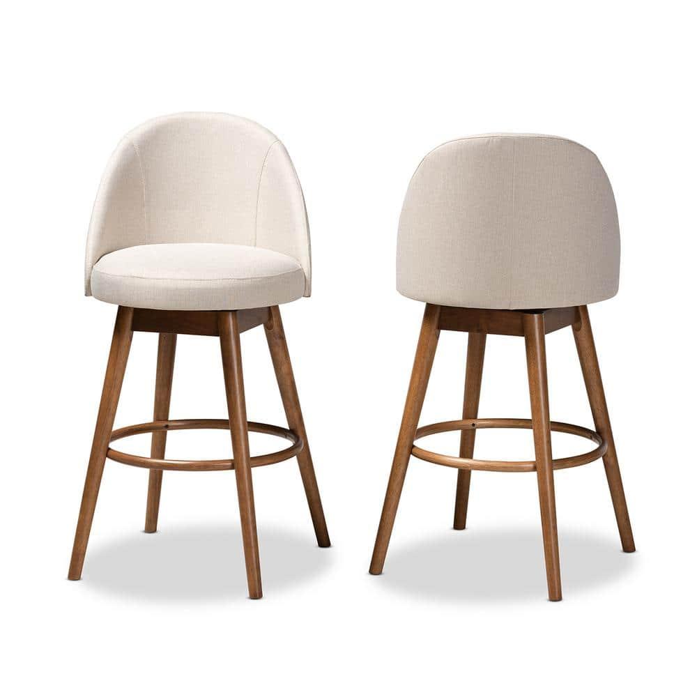 Baxton Studio Carra Mid-Century Modern Light Beige Fabric Upholstered Walnut-Finished Wood Swivel Bar Stool Set of 2