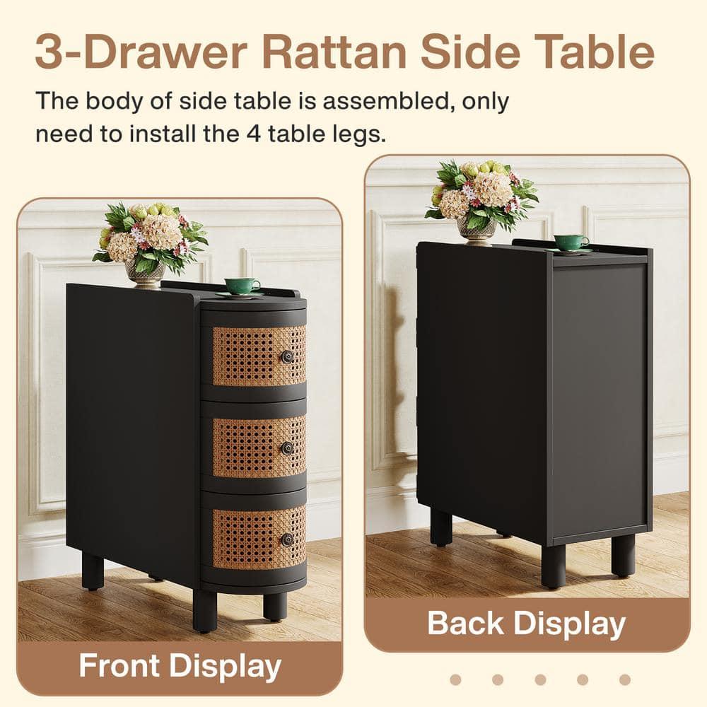 Canddidliike Wood End Table, 3-Drawer Side Table NightStand with 3 Rattan Drawers, End Table for Bedroom, Black