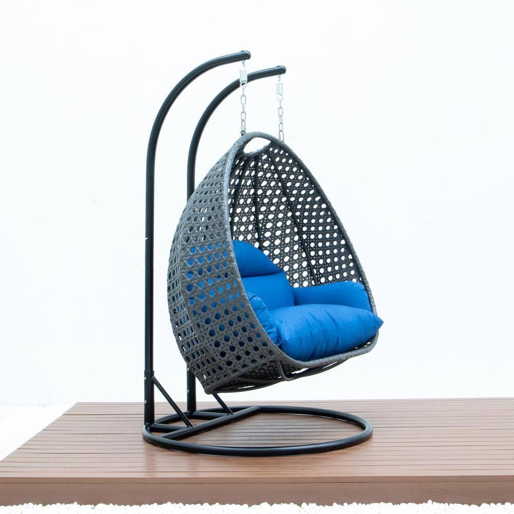 LeisureMod Charcoal Rattan Wicker Double 2 Person Egg Swing Chair with Stand, Blue Cushion