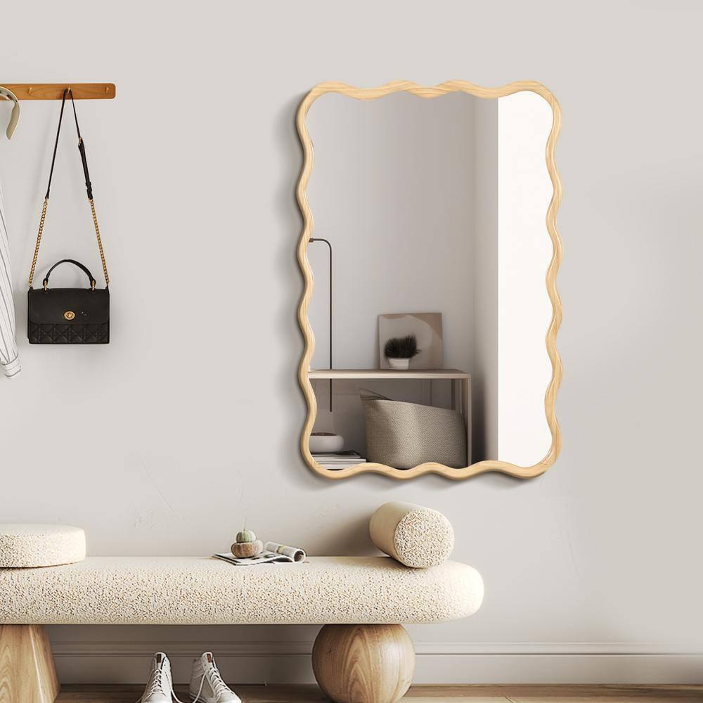 39"Hx28"W Wooden Wavy Mirror Art Decorative Mirrors,Natural Rectangle Mirror,Bedroom Wall Mirror,Sitting Room Mirrors,Entrance Way Mirror-The Pop Home