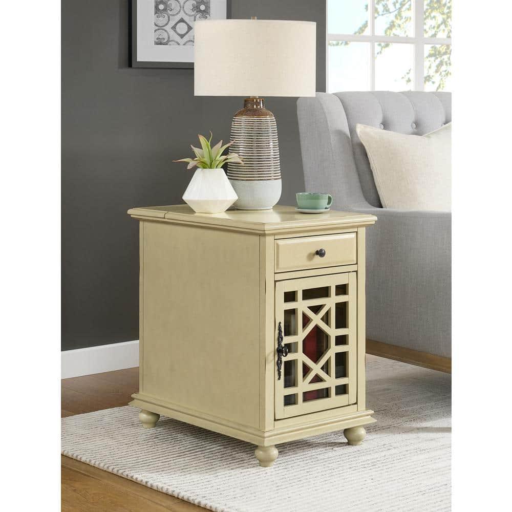 Chairside Table with 1 Drawer and 1 Trellis Door, Antique White- Saltoro Sherpi