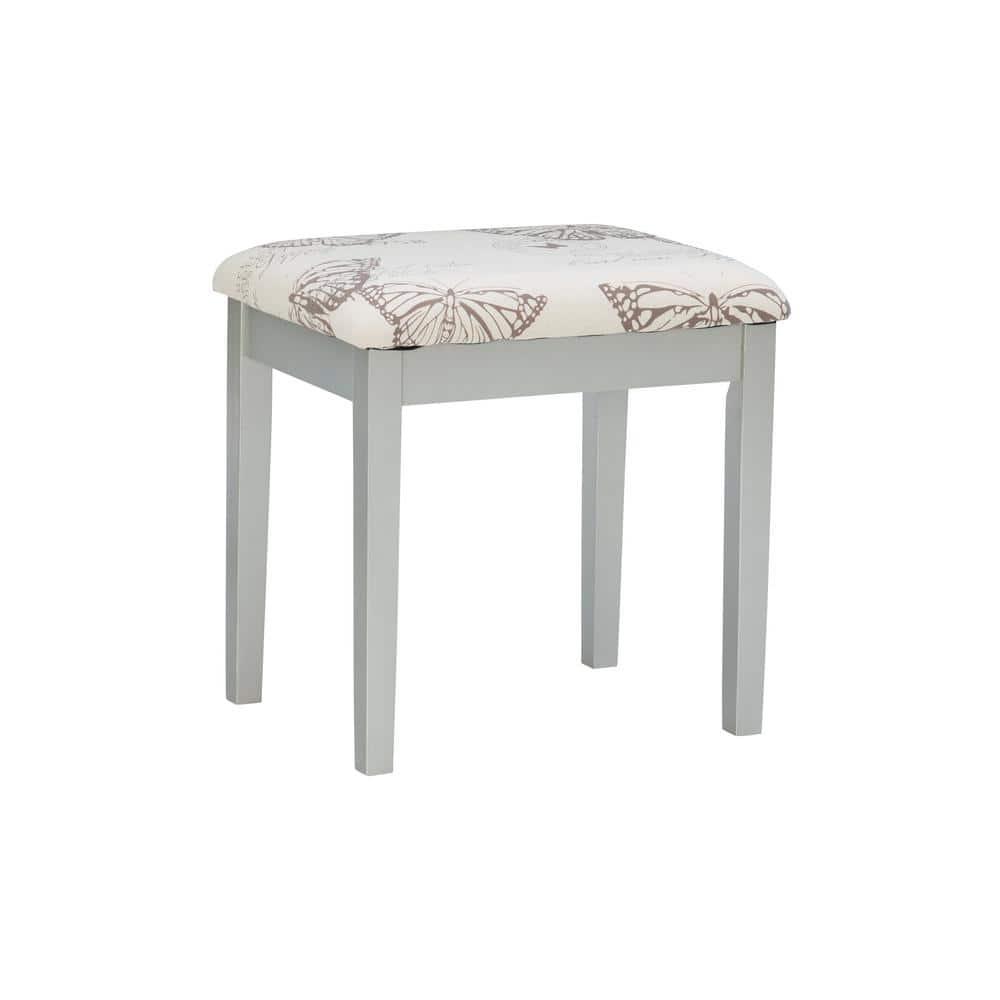 Traditional Wood Flip Up Mirror Drop Drawer Butterfly Vanity and Stool Silver - Linon