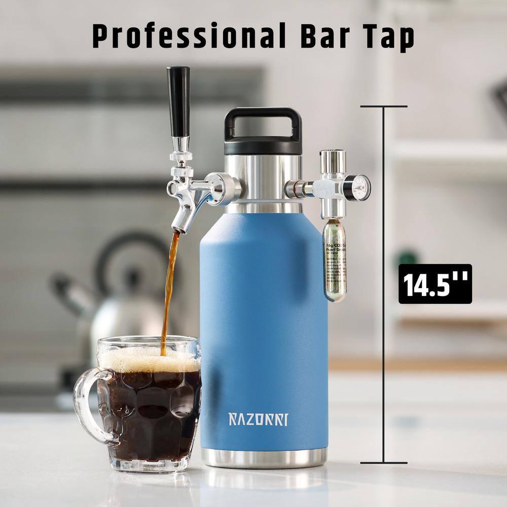 Razorri Engorde de Cerveza de Acero Inoxidable de 64 Oz, Barril Carbonatado con Aislamiento Al Vacío de Doble Pared con Grifo de Barra Profesional y Regulador de CO2 a Presión, 0,5 Galones, Azul Océano