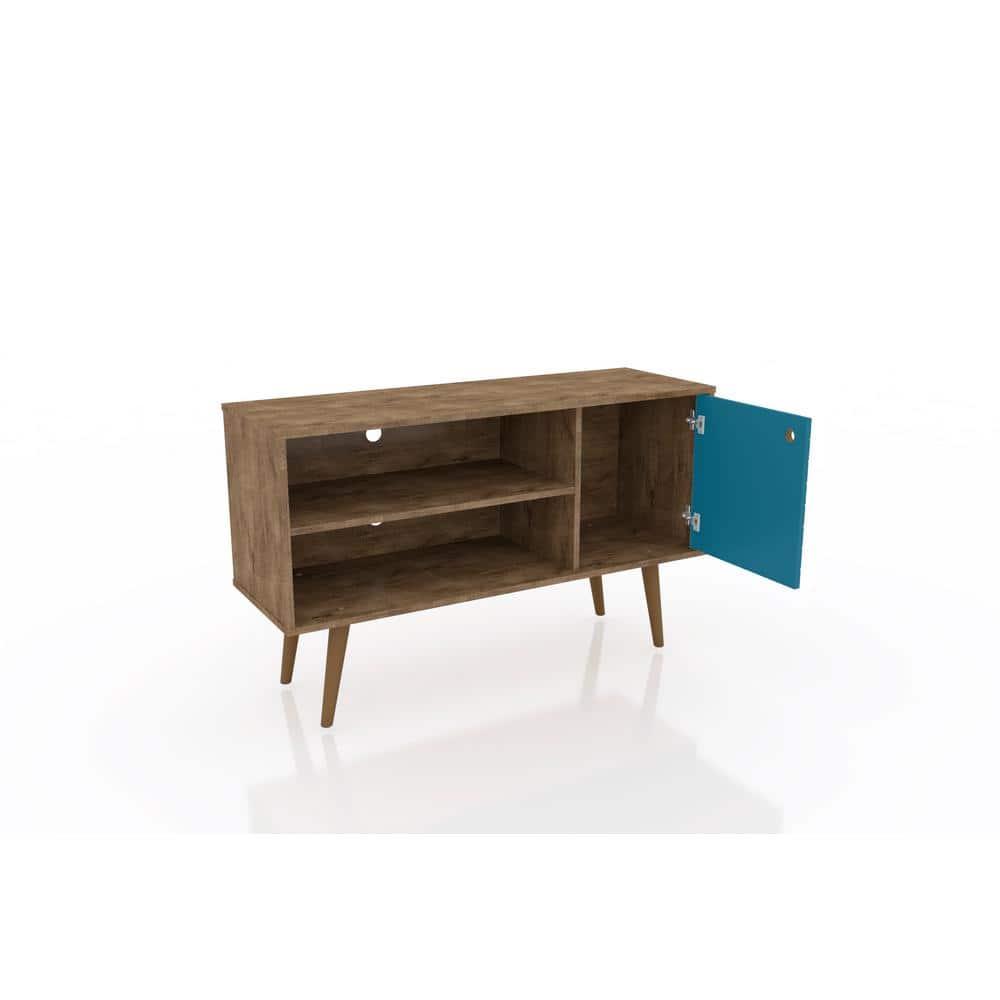 Liberty Mid-Century Modern 2 Shelves and 1 Door TV Stand for TVs up to 46" Rustic Brown/Aqua Blue - Manhattan Comfort