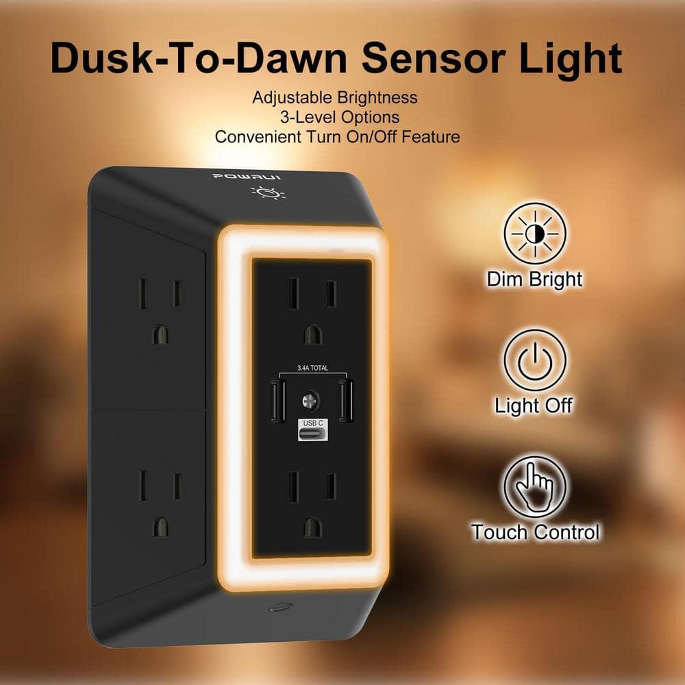 Outlet Extender Power Strip, POWRUI 6 AC Surge Protector Outlets with 3 USB Ports (1 USB C) and Night Light, 3-Sided Multi Plug Wall Outlet with Spaced Outlets - Black, ETL Listed
