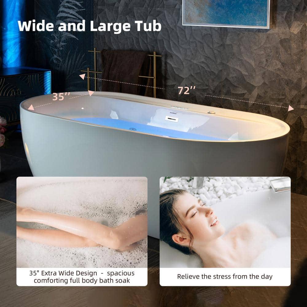 72" x 35-3/8" Whirlpool and Air Bath Heated Soaking Combination Tub with Wide Rim, LED Control Panel
