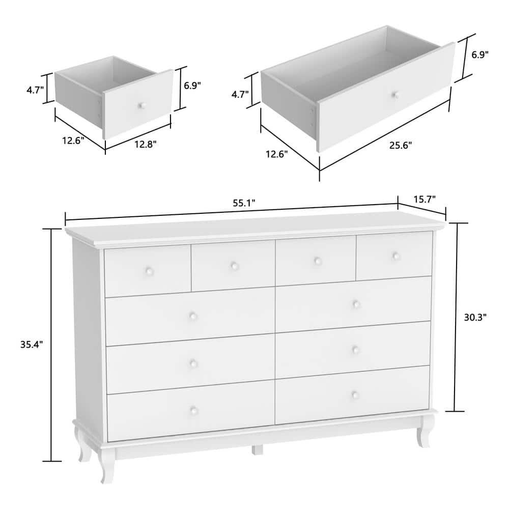 OXYLIFE Wooden 10 Drawer Dresser, White Chest of Drawers Storage Cabinet for Bedroom Closet Nursery
