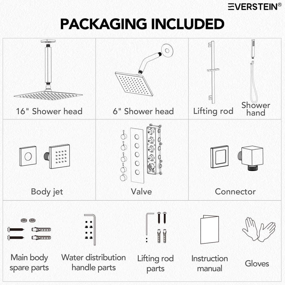 DualJetSpa 15-Spray Patterns 16" & 6" Dual Shower Head, Shower FaucetSystem with Thermostatic Rough-in Valve and Body Jets