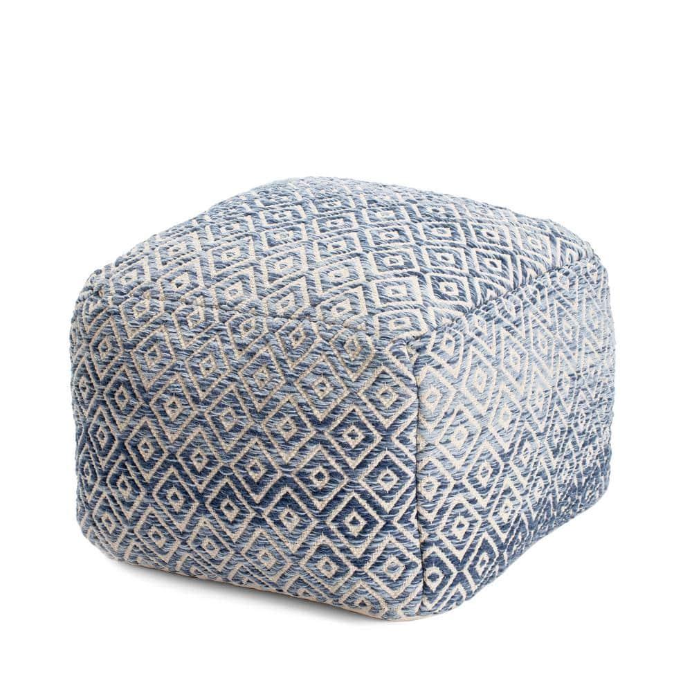 Chero Distressed Diamond 22" Square Pouf Ottoman Blue and Beige
