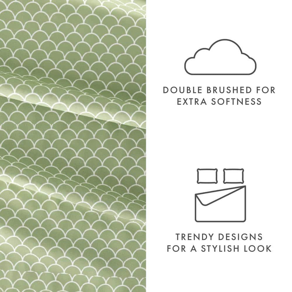 Linen Market Double-Brushed Patterned Microfiber King Sheet Set 4 Piece – Oeko-TEX Certified Ultra Soft & Wrinkle-Free - 16" Deep Pocket Sheets - Easy Care King Size - Scallops Sage