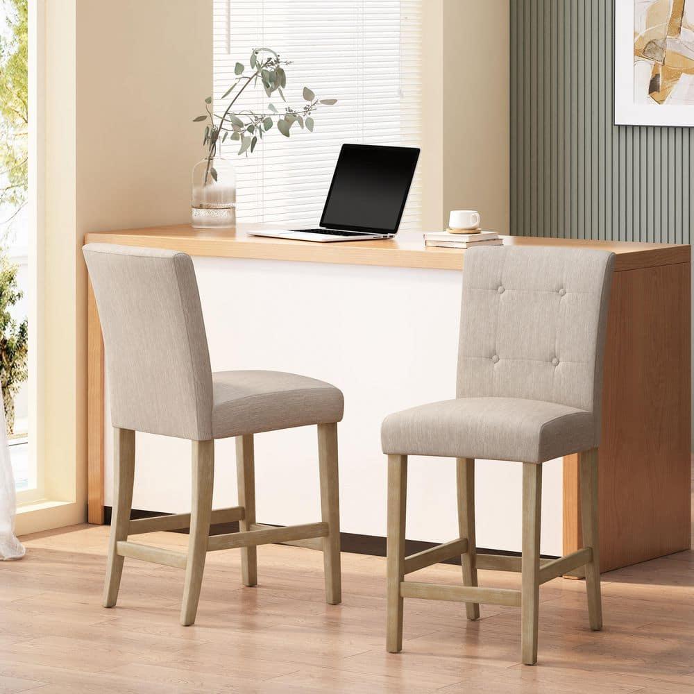 Noble House Darke Fabric Button Tufted Counter Stools, Set of 2, Beige and Weathered Brown