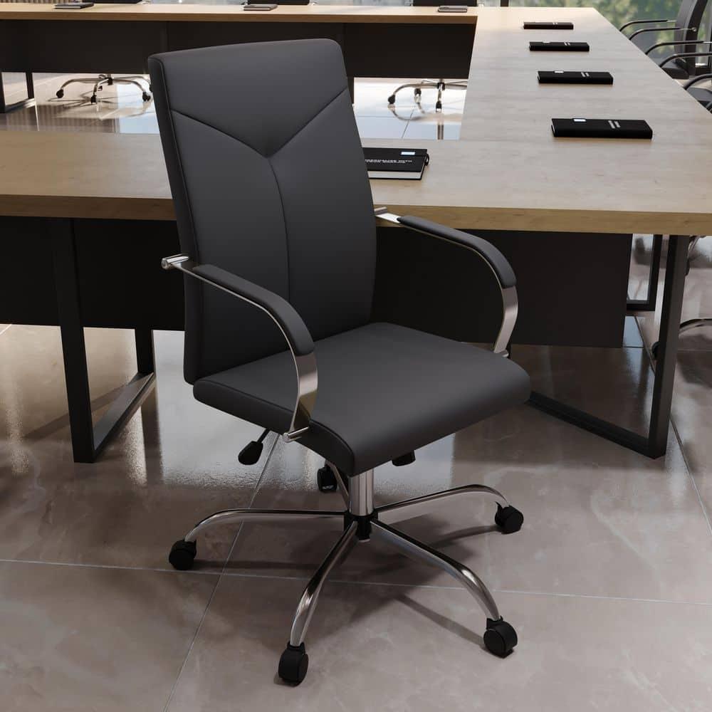 LeisureMod Sonora High-Back Leather Office Chair with Adjustable Height, Swivel, and Tilt in Black