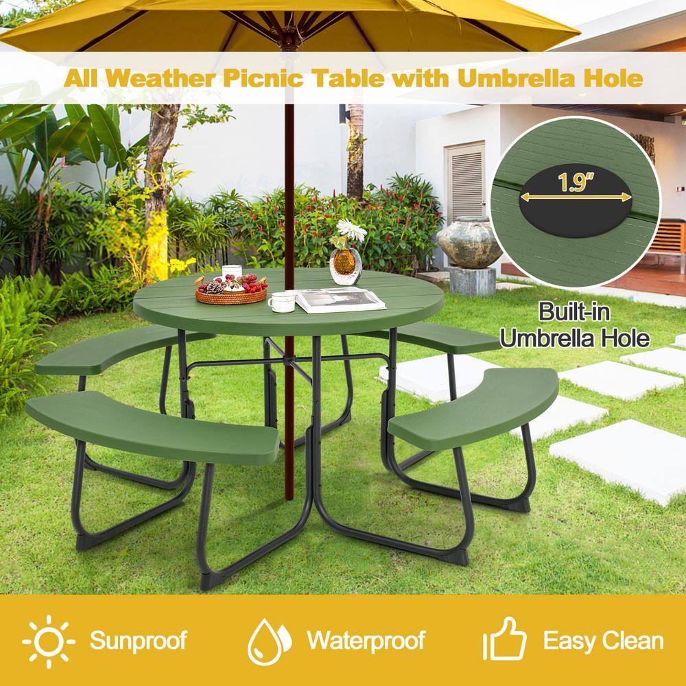 Costway Outdoor 8-person Round Picnic Table Bench Set with 4 Benches & Umbrella Hole Green