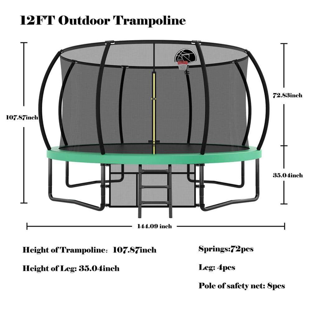 12FT Round Trampoline with Basketball Hoop for Kids, Outdoor Recreational Trampolines with Safety Enclosure Net & Ladder, 880 LBS Weight Capacity, Green