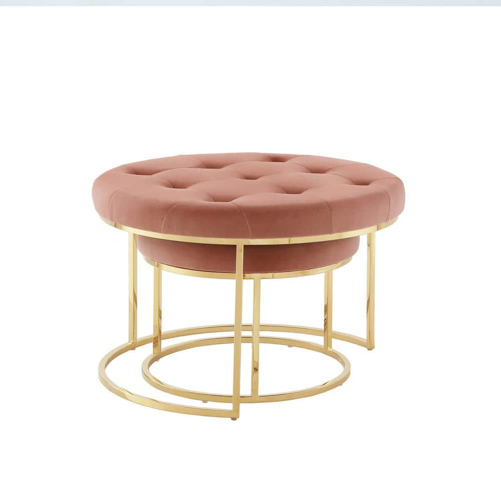 Nicole Miller Dangelo Ottoman Velvet Upholstered Stainless Steel Frame Set of 2, Blush/Gold