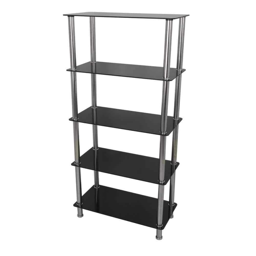 S25-A Tall Five Tier Shelving Unit with Black Glass and Chrome
