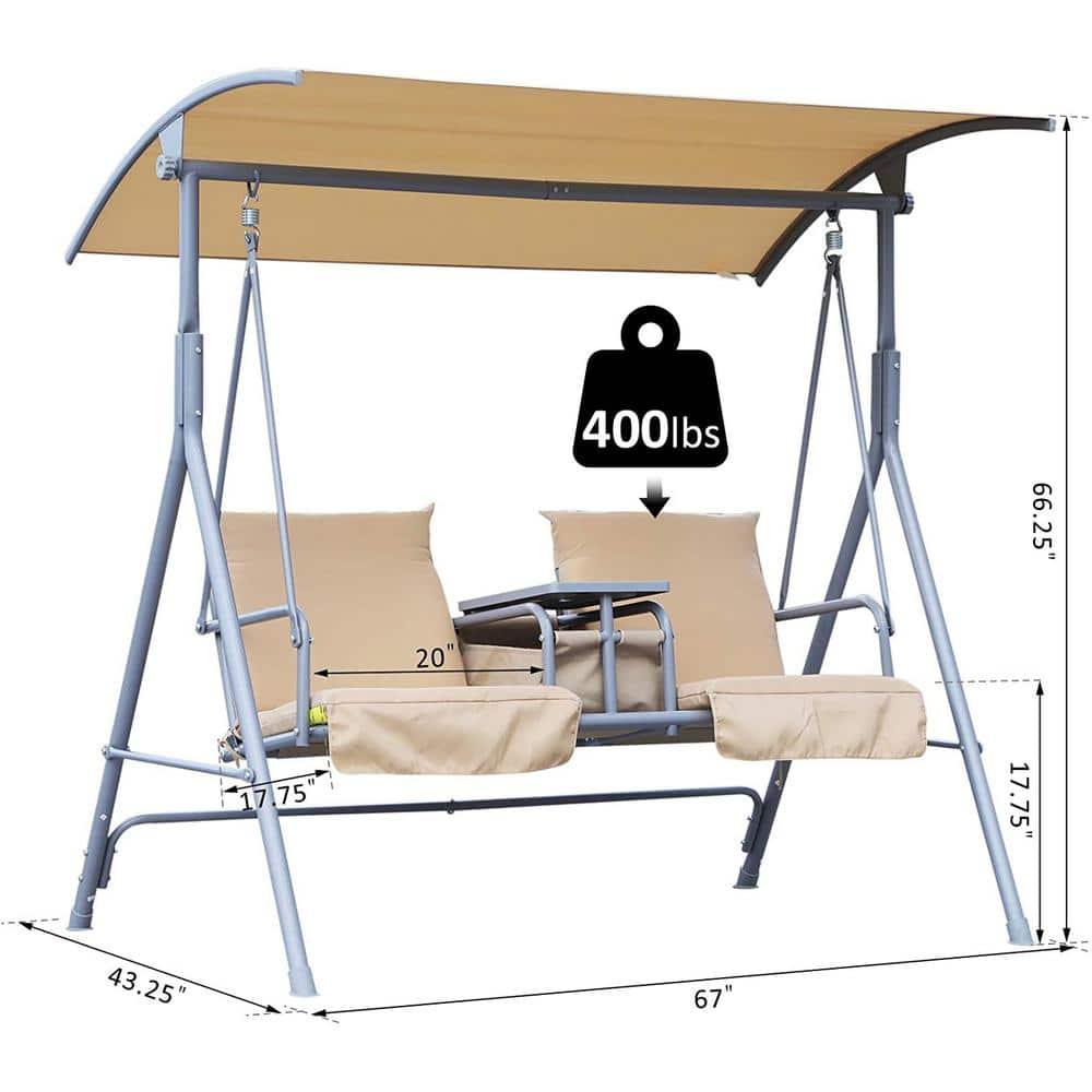 Outsunny 2 Person Porch Swing with Stand, Outdoor Swing with Canopy, Pivot Storage Table, 2 Cup Holders, Cushions for Patio, Backyard, Beige