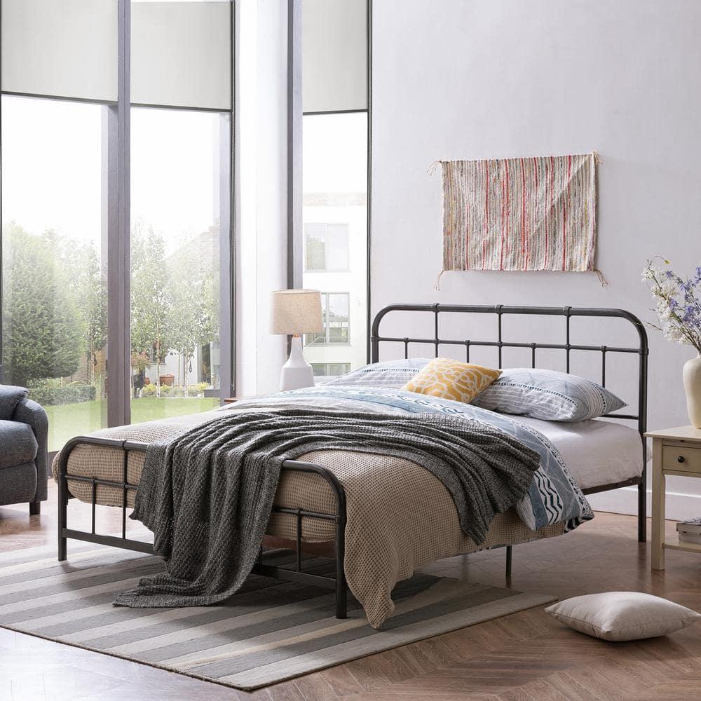 Noble House Khari Industrial Style Queen-Size Iron Minimal Bed Frame, Charcoal Gray