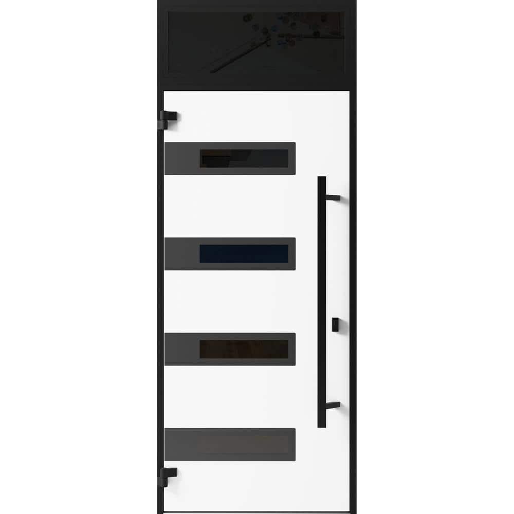 Front Exterior Prehung Steel Door / Ronex 0130 Grey / 2 Side and Top Exterior Window Sidelite / Entry Metal Modern Painted W14+36+14" x H80+16" Left hand Inswing